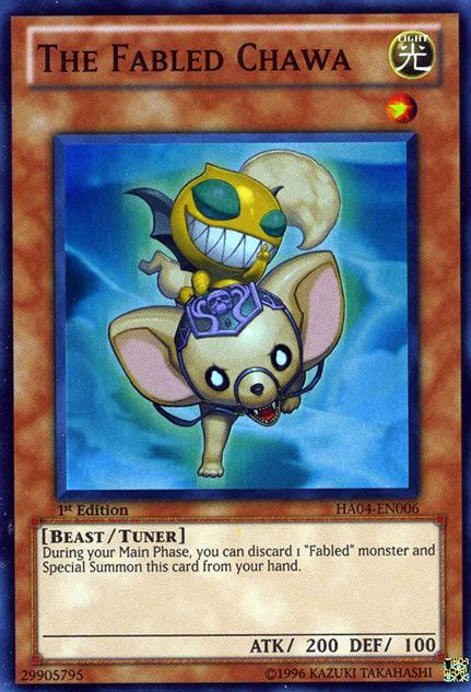 The image is of a Yu-Gi-Oh! Super Rare trading card named "The Fabled Chawa [HA04-EN006] Super Rare" from Hidden Arsenal 4. It depicts a small, tan, mouse-like Tuner Monster with a large head, big ears, and a purple symbol on its back. A large, yellow, smiling devil-like creature rides on its back. The card has an ATK of 200
