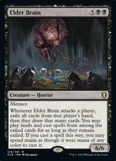 The "Elder Brain" card from Magic: The Gathering's Commander Legends: Battle for Baldur's Gate features a tentacled brain creature. This 6/6 horror has menace, and when it attacks, it exiles the player's hand as they draw new cards, reminiscent of epic tales from Baldur's Gate.