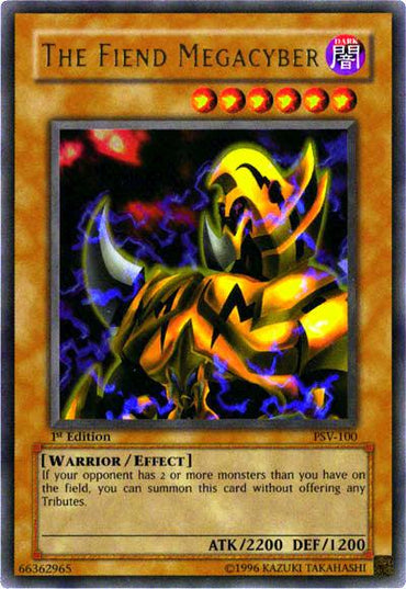 The Yu-Gi-Oh! card "The Fiend Megacyber [PSV-100] Ultra Rare" from Pharaoh's Servant features a formidable warrior clad in black and yellow armor, radiating electric energy. This Effect Monster boasts ATK 2200 and DEF 1200, with a summoning condition that activates when the opponent controls two or more monsters on the field.