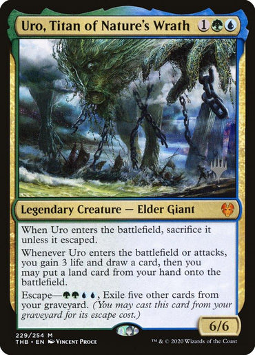 The Magic: The Gathering card known as "Uro, Titan of Nature's Wrath (Promo Pack) [Theros Beyond Death Promos]" features a Legendary Creature - Elder Giant emerging from a moss-covered swamp with waterfalls. Requiring 1 green mana, 1 blue mana, and 1 colorless mana to summon, this imposing 6/6 creature boasts a range of special abilities detailed in its text box.