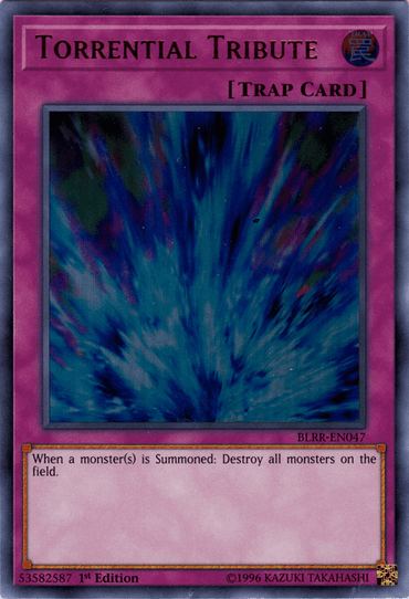 A "Yu-Gi-Oh!" card titled "Torrential Tribute [BLRR-EN047] Ultra Rare." This purple Ultra Rare card features an illustration of a chaotic, blue and purple explosion in the center. Its effect reads: "When a monster(s) is Summoned: Destroy all monsters on the field." Details include: "BLRR-EN047," "1st Edition".