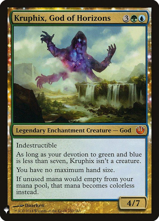 A Magic: The Gathering card titled "Kruphix, God of Horizons [Mystery Booster]." This Legendary Enchantment Creature features an illustration of a divine, ethereal figure with cosmic elements, set against a landscape with waterfalls. It has a casting cost of 3 colorless, 1 green, and 1 blue mana, with power/toughness 4/7.