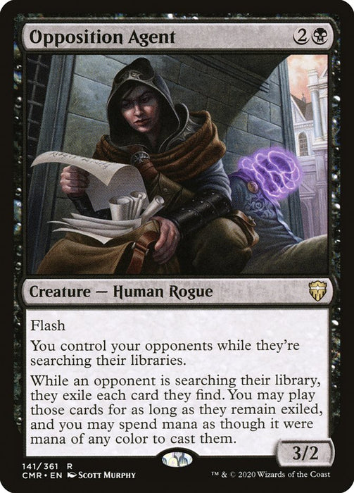 Image of a Magic: The Gathering card titled "Opposition Agent [Commander Legends]" from the Magic: The Gathering set. The card's black border signifies a black spell. Its artwork features a hooded figure with a mysterious aura, holding parchments and an hourglass. The text box highlights its mechanics: Flash and the ability to control opponents' searches, identifying it as a Creature — Human Rogue.