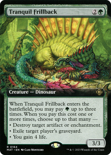 The Magic: The Gathering Rare "Tranquil Frillback (Extended Art)" from March of the Machine: The Aftermath is a 3/3 dinosaur with green and red frills. It costs 2G and can destroy artifacts, exile graveyards, and gain life upon entry, all set in a lush jungle.