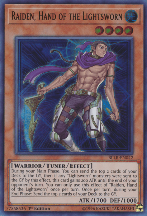 A Yu-Gi-Oh! Raiden, Hand of the Lightsworn [BLLR-EN042] Ultra Rare trading card. The card showcases Raiden, a warrior with short hair, wearing armor with glowing blue lights and a purple scarf. Surrounded by arcane symbols, it is a Warrior/Tuner/Effect card with 1700 ATK and 1000 DEF.