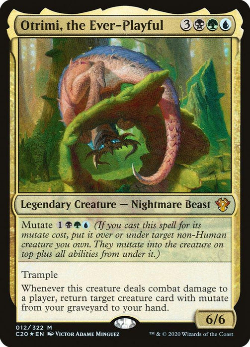 A Magic: The Gathering card titled "Otrimi, the Ever-Playful [Commander 2020]," from Magic: The Gathering. It depicts a blue and green Legendary Nightmare Beast with large claws and a menacing face. The card details its abilities: mutate, trample, and special effects when it deals combat damage to a player. The card has a power/toughness of 6/6.