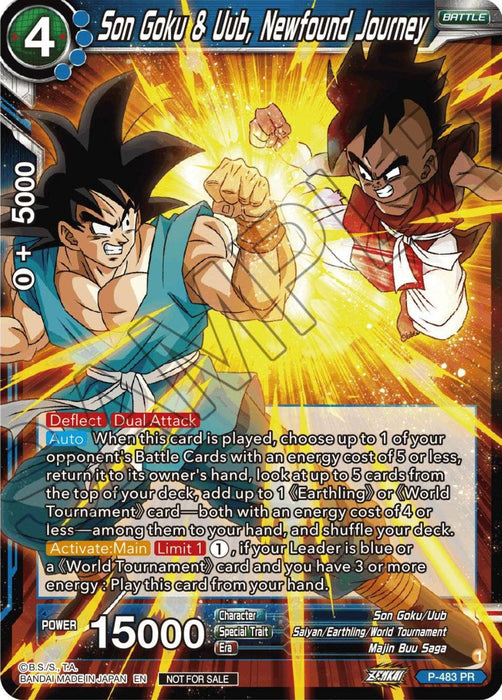 A promo trading card titled "Son Goku & Uub, Newfound Journey (Zenkai Series Tournament Pack Vol.3) (P-483) [Tournament Promotion Cards]" from Dragon Ball Super features dynamic artwork of two characters in battle stances. The card has a power of 15000 and various gameplay effects, including Deflect, Dual Attack, and special abilities involving Earth's energy and World Tournament cards from the Majin Buu Saga.