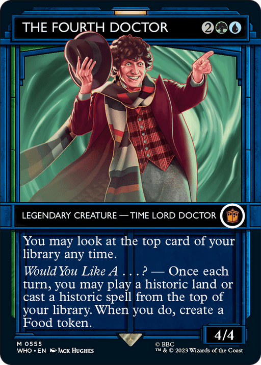 An illustrated card from Magic: The Gathering featuring "The Fourth Doctor (Showcase) [Doctor Who]," a legendary Time Lord creature with a 4/4 power and toughness. He wears a long scarf, coat, and hat, standing before a swirling green background. As you cast this historic spell, the card reveals specific game abilities and text.