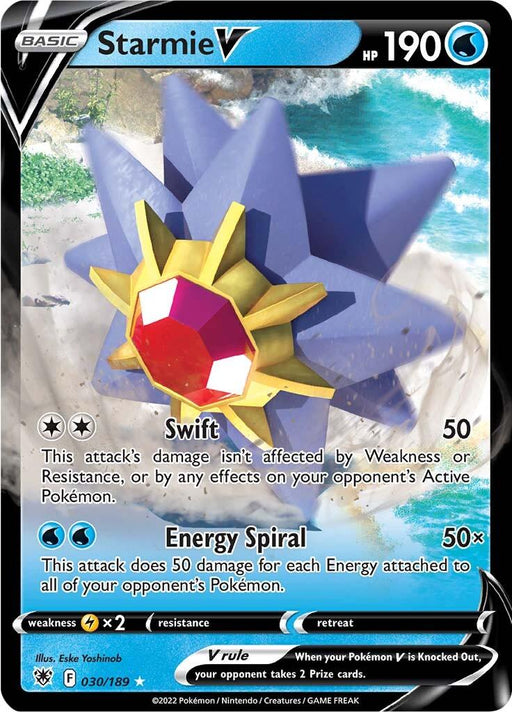 A Pokémon card featuring Starmie V (030/189) [Sword & Shield: Astral Radiance], a blue starfish-like Water type Pokémon with a red gem at the center. This Ultra Rare card from Sword & Shield: Astral Radiance boasts 190 HP and two moves: Swift, which deals 50 damage, and Energy Spiral, which deals 50x damage. Illustrations of water and sparkles are in the background, with card details.