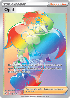 A Secret Rare Pokémon Trainer card named "Opal (197/185) [Sword & Shield: Vivid Voltage]" from the Pokémon expansion. It depicts a colorful character with a large hat and flowing outfit, surrounded by vibrant, rainbow-like swirls. The card’s text details an in-game effect involving flipping coins and drawing cards.