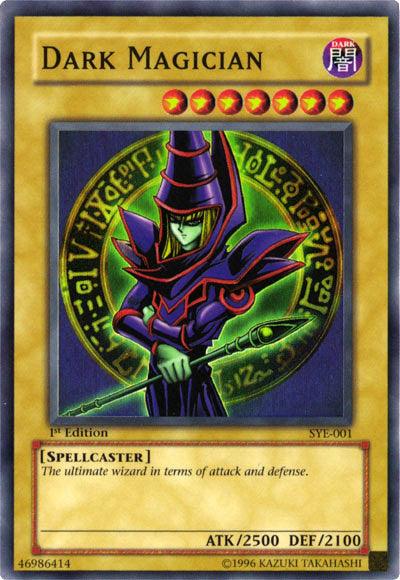 Image of a Yu-Gi-Oh! trading card titled "Dark Magician [SYE-001] Super Rare." The card features an illustration of a robed, staff-holding sorcerer with green skin and purple armor against a mystical circle background. As part of the Yugi Evolution series, this 1st Edition Spellcaster boasts 2500 attack points and 2100 defense points.