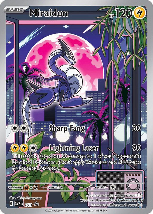 A Pokémon card from the Scarlet & Violet: Black Star Promos series features Miraidon (013) [Scarlet & Violet: Black Star Promos] with 120 HP and Electric type. Set against a neon-lit, night cityscape with palm trees, Scarlet & Violet colors accentuate his powerful attacks: Sharp Fang (30 damage) and Lightning Laser (90 damage plus 30 to a benched Pokémon).