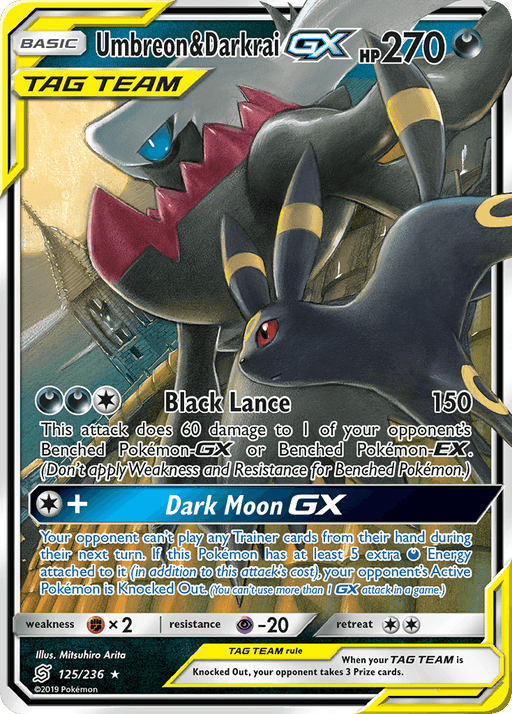 A Pokémon Umbreon & Darkrai GX (125/236) [Sun & Moon: Unified Minds] card featuring a Tag Team from the Sun & Moon: Unified Minds set. This Ultra Rare Pokémon card has 270 HP and showcases Darkness moves: Black Lance (150 damage) and Dark Moon GX. The backdrop is dark with a yellow border, as Umbreon stands defensively with Darkrai looming menacingly behind. Card number 125/236.