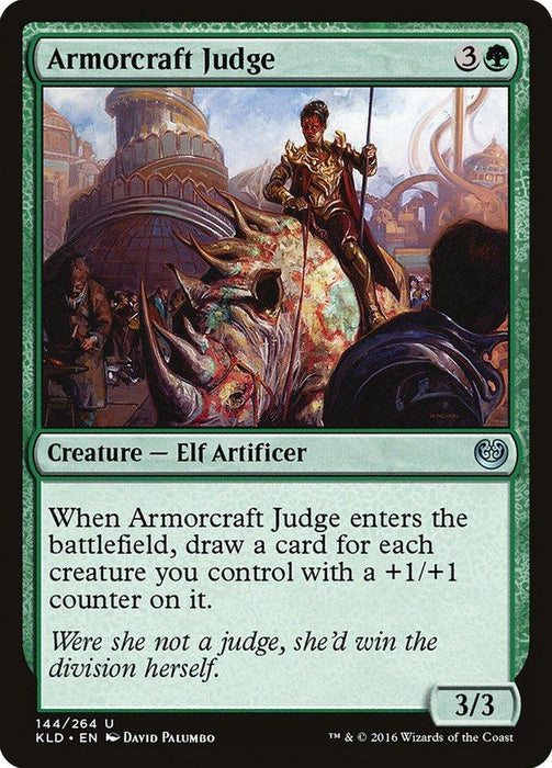 Magic: The Gathering card titled "Armorcraft Judge [Kaladesh]." The card features a detailed illustration of an Elf Artificer from Kaladesh standing on a large mechanical creature. The text reads: "When Armorcraft Judge enters the battlefield, draw a card for each creature you control with a +1/+1 counter on it.