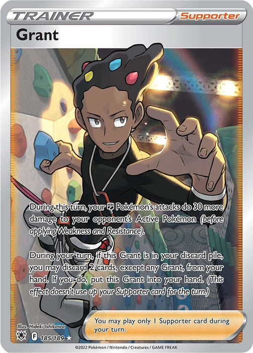 A Pokémon trading card featuring "Grant (185/189) [Sword & Shield: Astral Radiance]" from Pokémon. Grant is depicted with a determined expression, reaching forward with one hand and making a peace sign with the other. The background shows a colorful rock climbing wall. Card text details his abilities during gameplay.