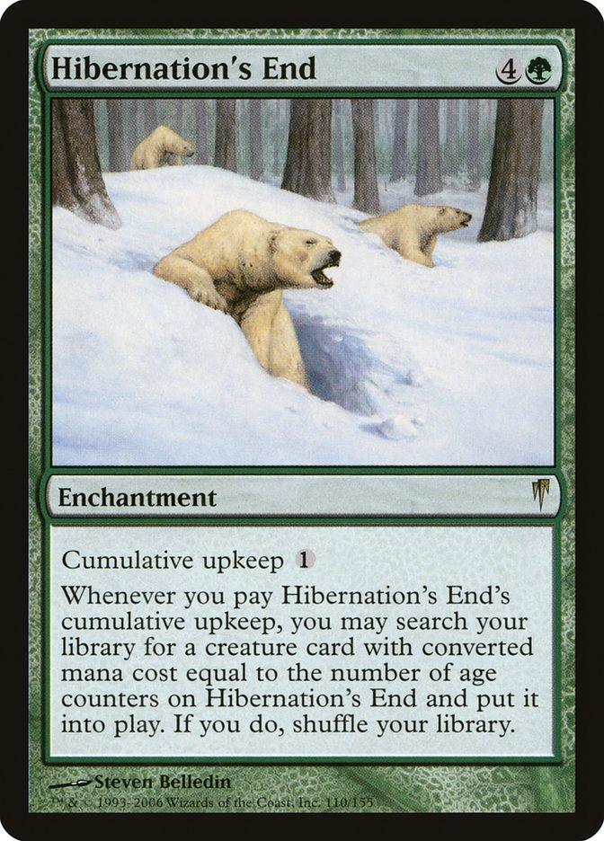 A Magic: The Gathering card titled "Hibernation's End [Coldsnap]" from the Coldsnap set depicts polar bears emerging from snow-covered dens in a forest. This green enchantment spell has a cumulative upkeep cost, allowing the player to search for creature cards with specific converted mana costs.