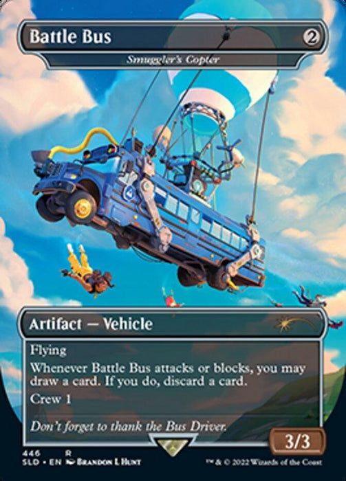 The image is a Magic: The Gathering card from the Secret Lair Drop Series featuring "Smuggler's Copter - Battle Bus." The illustration shows a blue bus suspended by a balloon in the sky, reminiscent of Fortnite. This Artifact Vehicle costs 2 colorless mana, has flying, and requires crew 1 with a power/toughness of 3/3.
