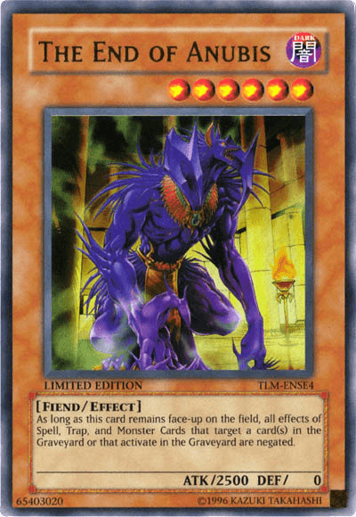A Yu-Gi-Oh! trading card titled "The End of Anubis [TLM-ENSE4] Ultra Rare." This Ultra Rare card features a dark, muscular, jackal-headed creature clad in purple and gold armor standing menacingly against a glowing backdrop. With 2500 ATK and 0 DEF, it is an Effect Monster with formidable special abilities.