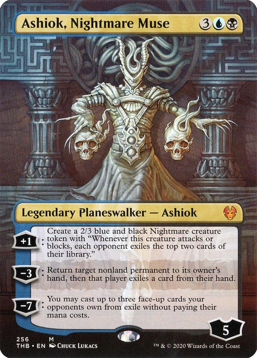 The image is of a Magic: The Gathering card named "Ashiok, Nightmare Muse (Borderless) [Theros Beyond Death]" from the Theros Beyond Death set. This Legendary Planeswalker depicts a dark, mystical figure with a raised headdress and two floating skulls. The blue and black themed card details its abilities and requires 3 blue/black hybrid mana and 2 generic mana.