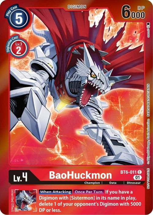 The image is a Digimon trading card for a Digimon named BaoHuckmon [BT6-011] (Event Pack 3) [Double Diamond Promos]. It is a Level 4 Champion Digimon with a white and red armored appearance and a large, jagged tail. The promo card has a red border and features stats: Play Cost 5, Digivolve Cost 2, and DP 6000. Its effect mentions deleting an opponent’s Digimon.