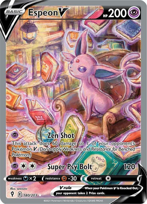 A colorful Pokémon trading card from the Evolving Skies series depicts Espeon V, a mystical fox-like creature with purple fur and large ears. The Ultra Rare card's artwork shows Espeon sitting on a cluttered pile of books in a library, featuring stats like 200 HP and two moves: "Zen Shot" and "Super Psy Bolt. This card is officially known as Espeon V (180/203) [Sword & Shield: Evolving Skies] by Pokémon.
