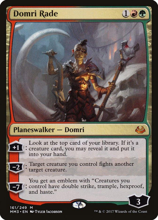 A Magic: The Gathering card titled "Domri Rade [Modern Masters 2017]." This Legendary Planeswalker from Magic: The Gathering features a warrior holding a weapon with a glowing green orb, clad in armor made of animal bones. It is a red, green, and black Planeswalker card with +1, -2, and -7 abilities. Illustrated by Tyler Jacobson.