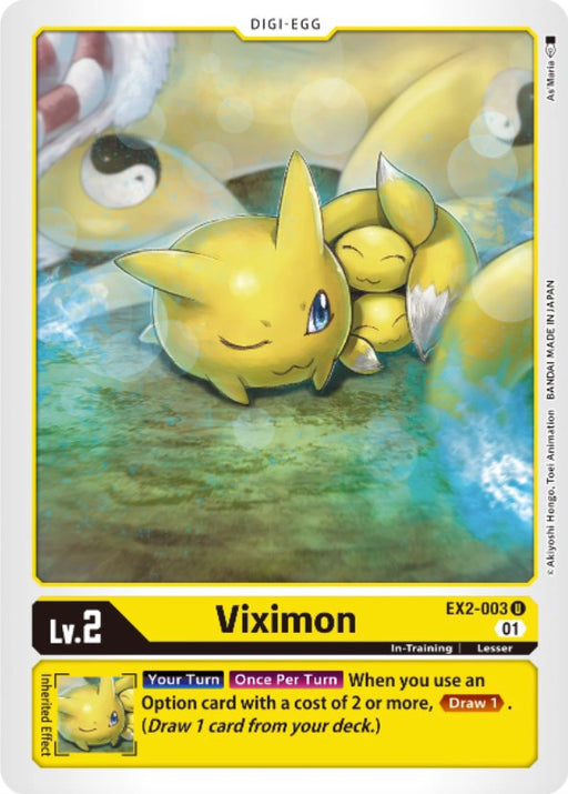 A Digimon trading card titled "Viximon [EX2-003] [Digital Hazard]," which features a cute, yellow fox-like creature with large blue eyes. In the background, another smaller Digital Hazard is sleeping. The card’s main text reads: "Your Turn Once Per Turn When you use an Option card with a cost of 2 or more, Draw 1.