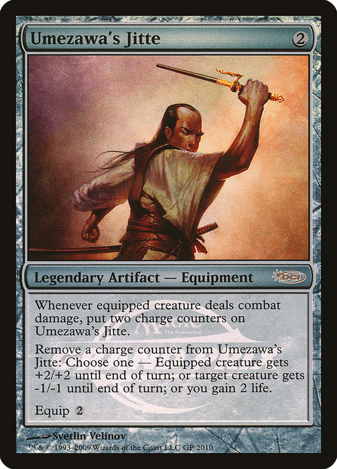 The "Umezawa's Jitte (Grand Prix)" from the Grand Prix Promos in Magic: The Gathering is a legendary artifact equipment card featuring a warrior with a shaved head holding a weapon. With a mana cost of 2, its abilities focus on charge counters and effects on equipped creatures, boosting life gain strategies.