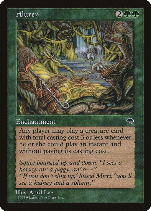 A Magic: The Gathering card titled "Aluren [Tempest]" from the Tempest set. This rare Enchantment has a mana cost of 2 green and 2 colorless, allowing any player to cast creature cards with a cost of 3 or less anytime, for free. The illustration depicts a lush, jungle scene with various animals.