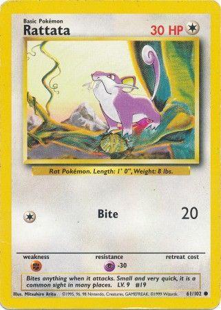 A Pokémon Rattata (61/102) [Base Set Unlimited] trading card. This common card shows Rattata as a purple, rat-like creature with large ears and a long, curling tail. It has 30 HP and can perform "Bite," dealing 20 damage. The card lists its weaknesses, resistances, and provides a description at the bottom.