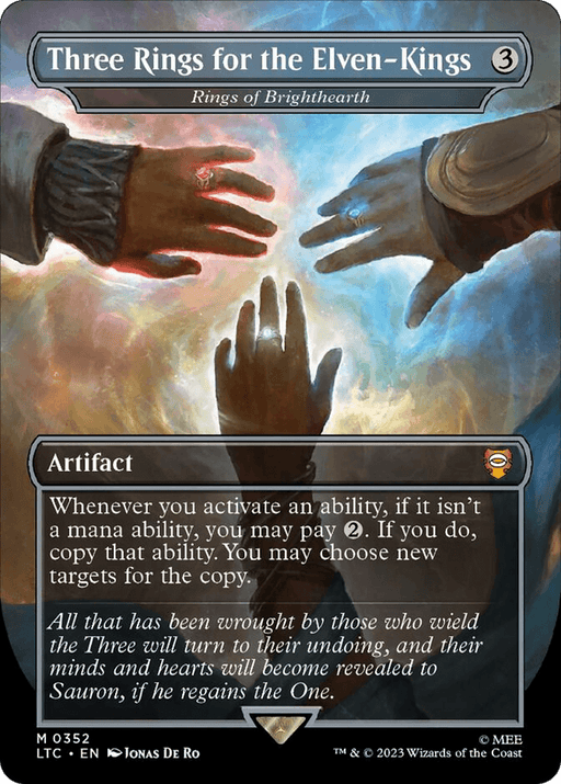 A Magic: The Gathering card titled "Rings of Brighthearth - Three Rings for the Elven-Kings [The Lord of the Rings: Tales of Middle-Earth Commander]." This mythic artifact has a mana cost of three colorless mana. The artwork depicts three hands, each wearing a ring, reaching toward each other against a background of mystical, swirling light. The card text describes its capability.