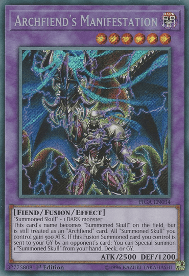 The image is a Yu-Gi-Oh! Secret Rare trading card titled "Archfiend's Manifestation [FIGA-EN034]." It features a dark, spectral creature with skeletal armor and glowing blue and purple energy. The Fusion/Effect Monster has 2500 ATK and 1200 DEF. Text explains its summoning requirements and effects.