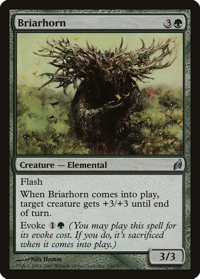 A Magic: The Gathering card titled "Briarhorn [Lorwyn]" depicts an Elemental creature with a tangled mass of branches and thorns for a head, emerging from the Lorwyn forest. The card text includes abilities like "Flash," and an enter-the-battlefield effect giving a target creature +3/+3. The card's cost is 3 and a green mana.