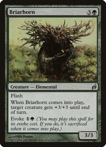 A Magic: The Gathering card titled "Briarhorn [Lorwyn]" depicts an Elemental creature with a tangled mass of branches and thorns for a head, emerging from the Lorwyn forest. The card text includes abilities like "Flash," and an enter-the-battlefield effect giving a target creature +3/+3. The card's cost is 3 and a green mana.