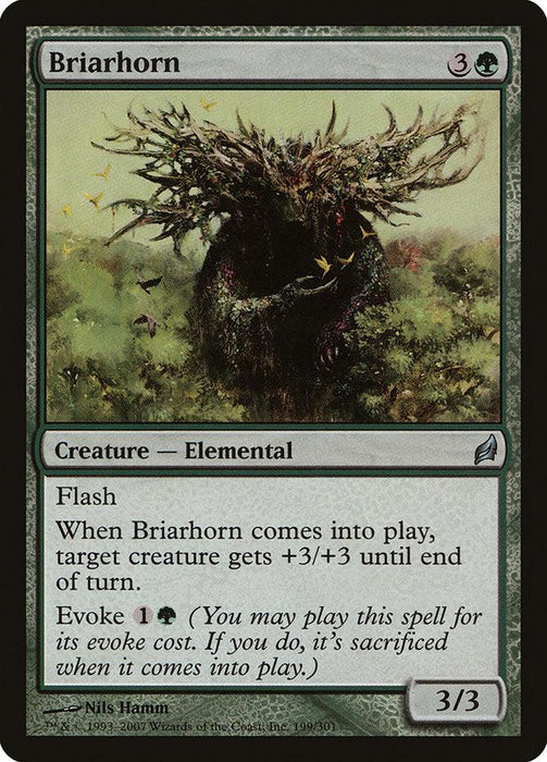 A Magic: The Gathering card titled "Briarhorn [Lorwyn]" depicts an Elemental creature with a tangled mass of branches and thorns for a head, emerging from the Lorwyn forest. The card text includes abilities like "Flash," and an enter-the-battlefield effect giving a target creature +3/+3. The card's cost is 3 and a green mana.