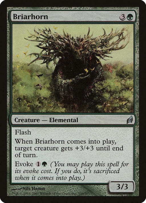 A Magic: The Gathering card titled "Briarhorn [Lorwyn]" depicts an Elemental creature with a tangled mass of branches and thorns for a head, emerging from the Lorwyn forest. The card text includes abilities like "Flash," and an enter-the-battlefield effect giving a target creature +3/+3. The card's cost is 3 and a green mana.