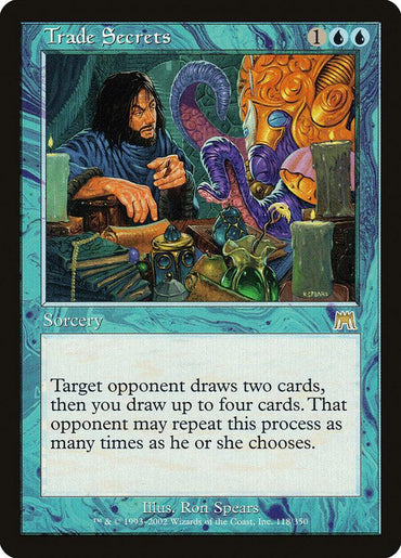 A Magic: The Gathering card named "Trade Secrets" from the Onslaught set features a rare sorcery. The artwork depicts a wizard with long dark hair negotiating with a tentacled creature in a cluttered room filled with books, bottles, and a candle. The card's text reads: "Target opponent draws two cards, then you draw up to four cards. That opponent may repeat this process as many times as.