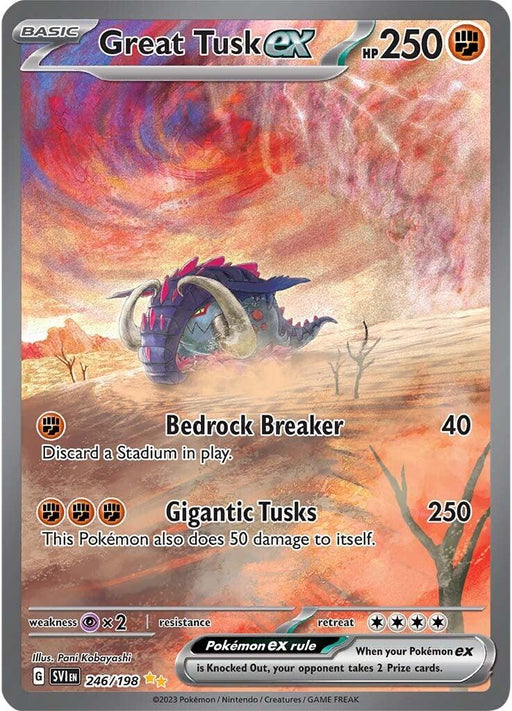 A "Great Tusk ex (246/198) [Scarlet & Violet: Base Set]" Pokémon card from the Pokémon Scarlet & Violet series displays an illustrated prehistoric creature resembling an armored, tusked dinosaur against a vibrant, rugged landscape. The Secret Rare card features 250 HP and includes two attacks: "Bedrock Breaker" and "Gigantic Tusks." The card's number is 246/198.