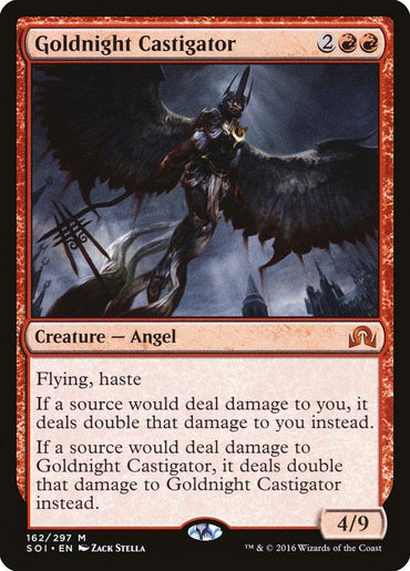 The Magic: The Gathering card "Goldnight Castigator" from the "Shadows over Innistrad" set features a striking angel with enormous wings, brandishing a fiery weapon against a turbulent background. This red card requires 2RR to play and comes with abilities like "Flying" and "Haste." It has an impressive power of 4 and toughness of 9, enabling it to inflict significant damage effects.