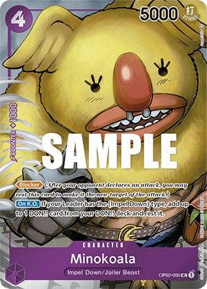 A Bandai Minokoala (Box Topper) [Paramount War] featuring a koala-like creature named Minokoala, wearing a yellow suit with a large beak and teeth. The card, part of the Paramount War set, has a purple border, defense value of 5000, and is labeled a "Blocker." The word "SAMPLE" is written diagonally across the card.
