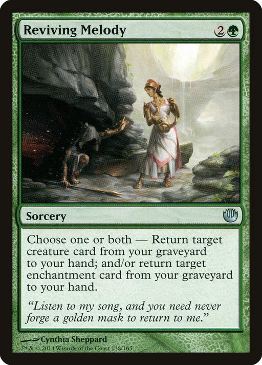 A Magic: The Gathering product named "Reviving Melody [Journey into Nyx]," an uncommon sorcery from the Journey into Nyx set. The card has a green border and artwork of a woman in a white dress reaching out to another figure emerging from a cave. It allows players to return creature and/or enchantment cards from their graveyard to their hand.