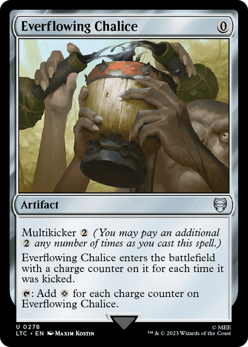 The image is a Magic: The Gathering card named Everflowing Chalice [The Lord of the Rings: Tales of Middle-Earth Commander]. The card's silver border frames an artwork of multiple hands holding a large, ornate chalice brimming with liquid. As an artifact with a mana cost of 0 and Multikicker 2, it can add colorless mana—perfect for The Lord of the Rings Commander decks.