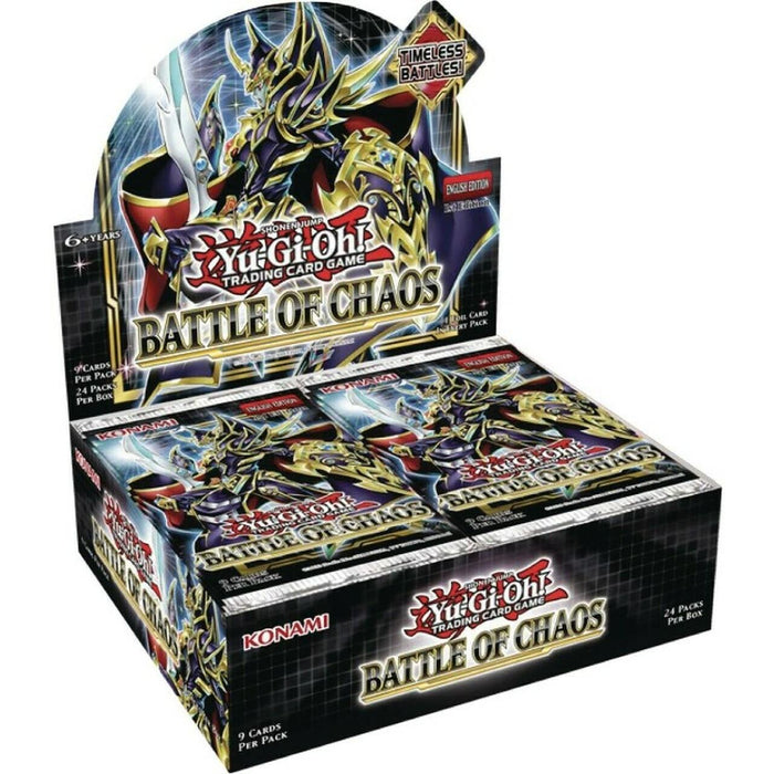 Box of Yu-Gi-Oh! Battle of Chaos - Booster Box (1st Edition) marked "Battle of Chaos," featuring vibrant warrior artwork and iconic Dark Magician on the display. The Booster Box contains 24 packs, each with 9 cards. The packaging boasts the KONAMI logo and emphasizes "1st Edition" and "Timeless Battles!" on top.