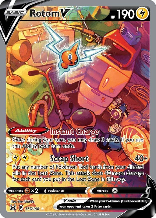 A Pokémon card for Rotom V (177/196) [Sword & Shield: Lost Origin] from Pokémon. This Ultra Rare card boasts 190 HP and is of the Lightning type, featuring Rotom floating in the center. Its "Instant Charge" ability lets you draw 3 cards on your first turn, and its "Scrap Short" attack deals 40+ damage, increasing with each Pokémon Tool card in the Lost Zone.