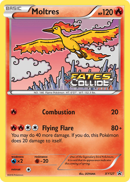 A Pokémon trading card featuring Moltres. The card number is Moltres (XY127) [XY: Black Star Promos] from the "Fates Collide" series and part of the XY: Black Star Promos. Moltres, a fiery orange and yellow bird with flames, has 120 HP and two attacks: Combustion (20 damage) and Flying Flare (80+ damage). It has a purple and pink mountain backdrop.