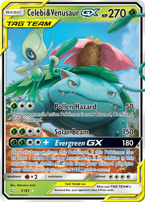 A Pokémon Celebi & Venusaur GX (1/181) [Sun & Moon: Team Up] trading card featuring 270 HP. This Ultra Rare Tag Team type card from the Sun & Moon: Team Up series boasts attacks like Pollen Hazard (50), Solar Beam (150), and Evergreen GX (180). It includes a healing effect and several energy symbols, including Grass. Card number 1/181.