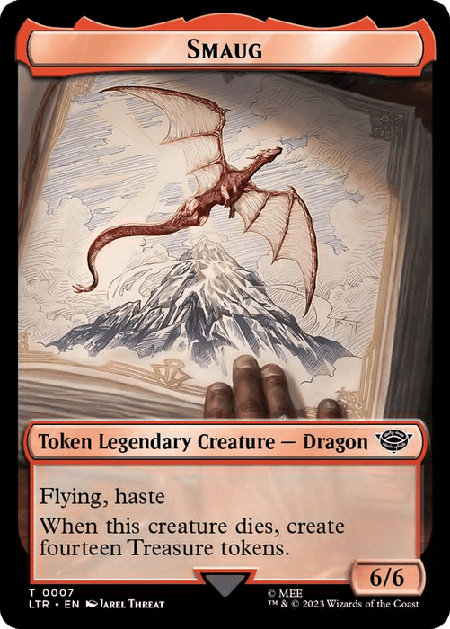 A Magic: The Gathering card named "Food (10) // Smaug Double-Sided Token [The Lord of the Rings: Tales of Middle-Earth Tokens]," featuring artwork of a red dragon flying over a snow-covered mountain. This Token Legendary Creature – Dragon has abilities "Flying, haste" and "When this creature dies, create fourteen Treasure tokens." Power/toughness: 6/6. Perfect for fans of The Lord of the Rings Tokens.