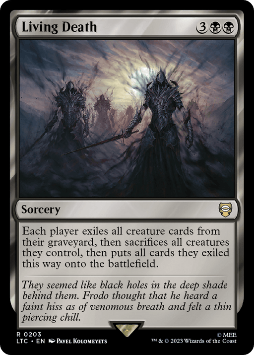 A Magic: The Gathering card titled "Living Death [The Lord of the Rings: Tales of Middle-Earth Commander]." This sorcery costs 3 generic and 2 black mana. Its text describes exiling all creatures from graveyards, sacrificing all creatures each player controls, then putting the exiled cards onto the battlefield. The card features dark, spectral figures.