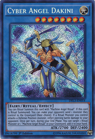 A "Yu-Gi-Oh!" trading card titled Cyber Angel Dakini [DRL3-EN014] Secret Rare. It features an armored, blue-skinned female warrior with multiple arms wielding a sword. The holographic, blue hue background enhances this Secret Rare card. As a Ritual/Effect Monster, it allows ritual summoning with LIGHT attributes. ATK/2700 DEF/2400.