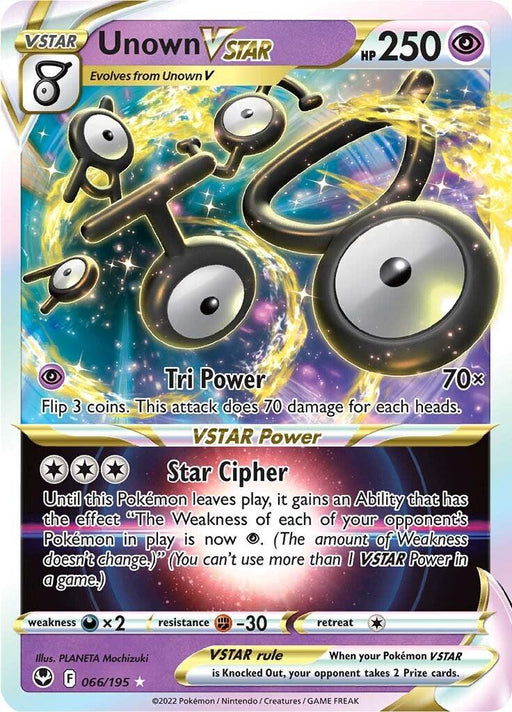 A Pokémon card for Unown VSTAR (066/195) [Sword & Shield: Silver Tempest] from the Pokémon brand with 250 HP. The card includes two Psychic attacks: "Tri Power," which deals 70x damage for each of three coin flips, and "Star Cipher," a VSTAR Power that adds a Weakness effect to all opponents' Pokémon. The card is numbered 066/195.